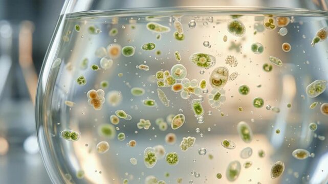 Microbial green chemistry microscopy of algae and microorganism culture water. glass vial and petri showing diverse single celled life soft warm