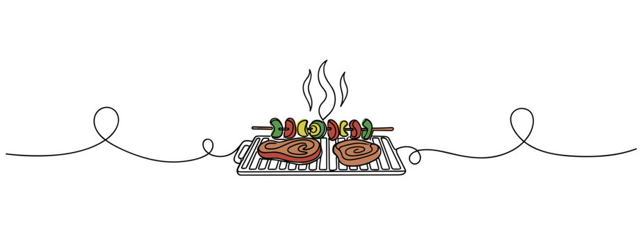 Grill with steaks and skewers grilling on white background. no editable strokes
