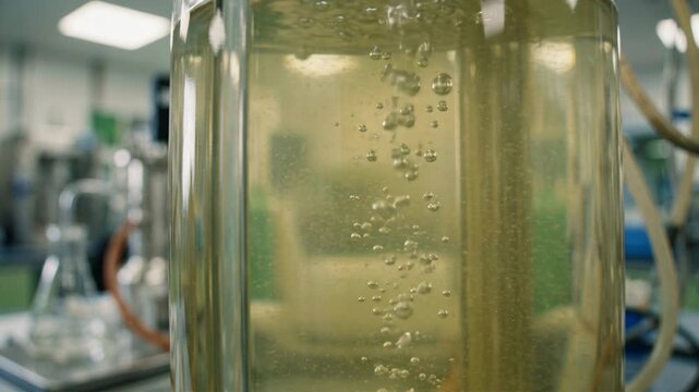 Microbial green chemistry laboratory glass reactor with bubbling liquid, clear agitation and gentle motion conveying sustainable scientific calm