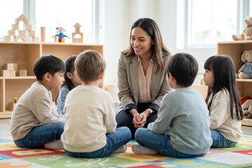 Fototapeta premium Preschool teacher sitting with diverse children in classroom circle