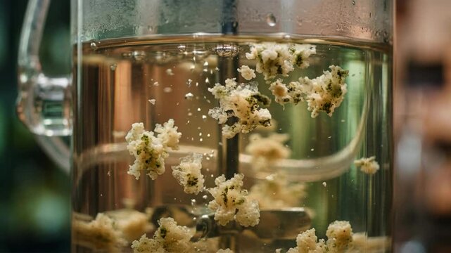 Microbial green chemistry fermented tea infusion with floating cultures and delicate foam green herbal floral infusion glass teapot and clear mug