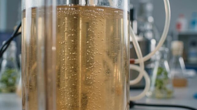 Microbial green chemistry laboratory fermenter and fermentation bioreactor with bubbling amber liquid tubing signaling sustainable research