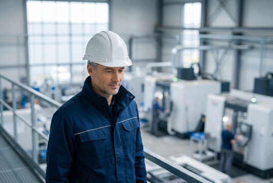 Industrial factory manager wearing hard hat walking through facility