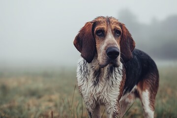 Fototapeta premium Wet Dog in Foggy Grassland Scene