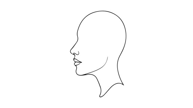 Vector line art of human head in profile, minimalist continuous drawing symbolizing identity, thought, and introspection