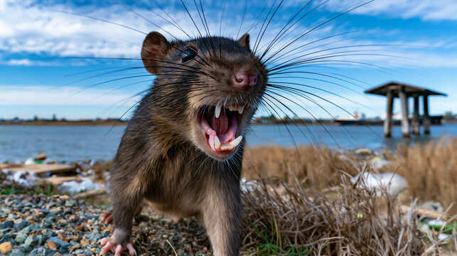 aggressive rat scavenging at landfill, wild rat at garbage dump, urban rat feeding in trash site
