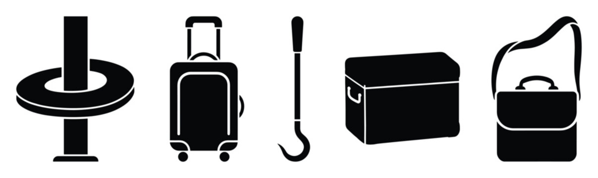 Collection of essential objects including travel suitcase, cooler, shoulder bag, and hooked tool icons