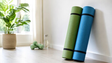 Rolled Yoga Mats With Dumbbells and Water Bottle in Bright Home Interior