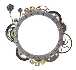 Obraz premium Round metallic frame with vintage metal details, gear, retro rivets. Isolated on white background. Mock up template. Copy space. Can be used for steampunk, industrial, mechanical design