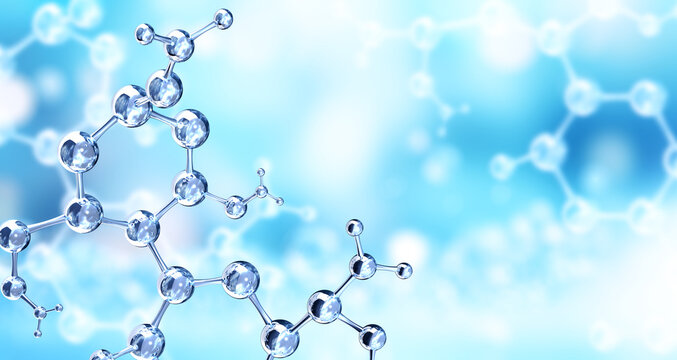 Vertical or horizontal banner with model of abstract molecular structure. Background of blue color with glass atom model. Copy space for your text. 3d render