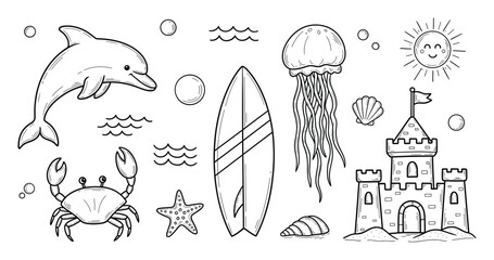 Naklejka premium Line drawing ocean creatures and beach leisure objects perfect for childrens learning games