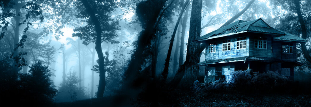 Old abandoned house in the night forest. Horizontal Halloween banner with haunted house. Scary colonial cottage in mysterious forestland. Photo toned in blue color