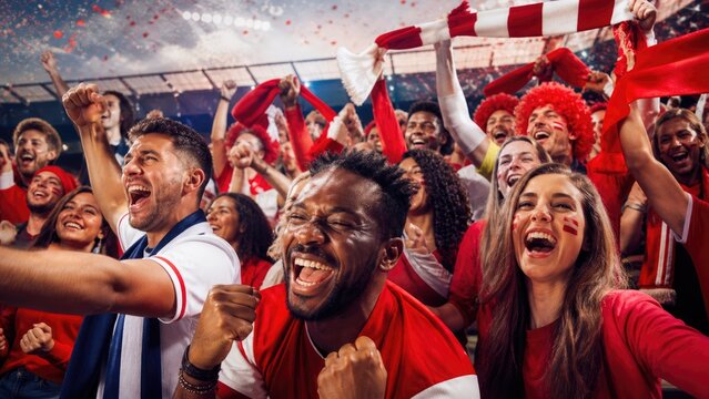 Excited Football Fans Celebrating Victory in Stadium Crowd