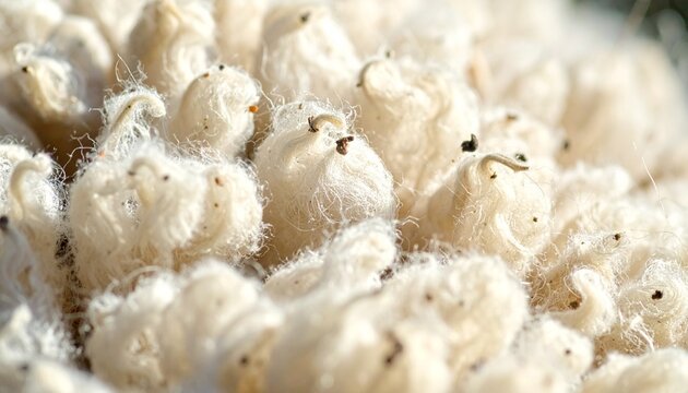 Close-up of natural sheep wool fleece with crimped texture and lanolin