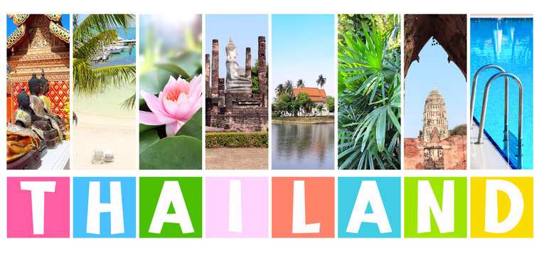 Welcome to Thailand. Travel, rest, vacation, holiday concept. Vertical banner with colourful scenes. View of beach, landmark of Chiang Mai, Ayutthaya, Bangkok. Topic of sightsee, trip, cruise, tour