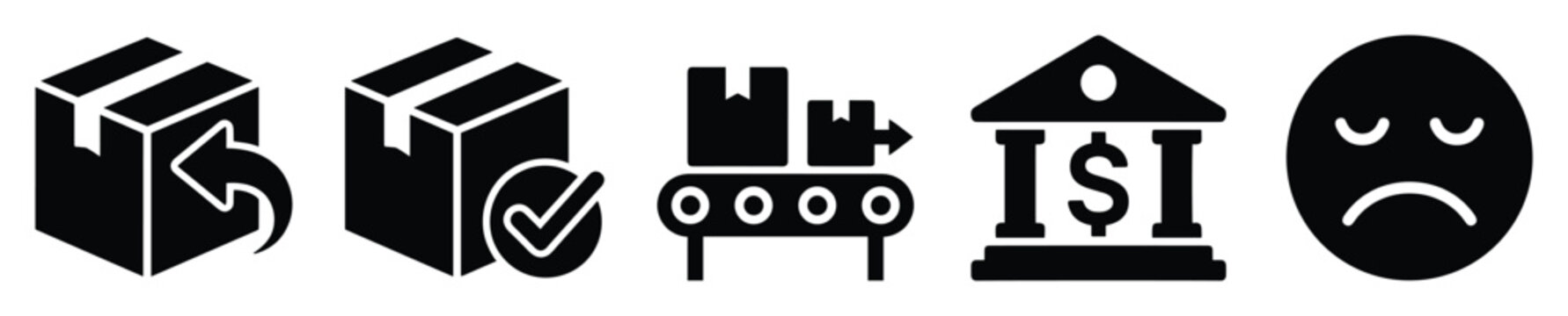Business icons return, delivery, production, bank, sad face for process flows