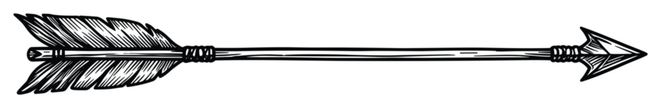 Classic etched arrow with feathered fletching and sharp arrowhead for target symbolism