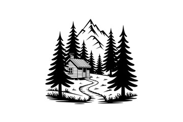 Obraz premium Cozy cabin nestled in a forest with winding path