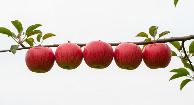 A row of ripe red apples hanging from a tree branch against a white background, showcasing natural produce