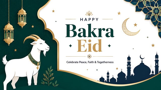 Modern Flat Vector Happy Bakra Eid Poster with Goat and Mosque