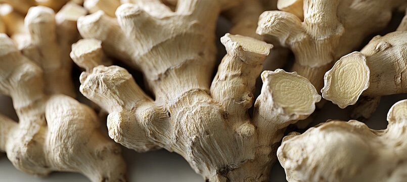 Closeup View of Textured Beige and Brown Knobbly Ginger Roots with Fibrous Cross Sections