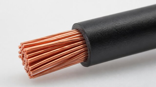 Close Up of Copper Electrical Cable with Black Insulation on White Background