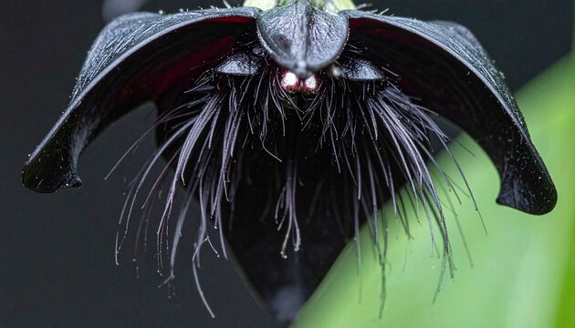 Close-up of black bat flower with long whisker-like bracts on green leaf