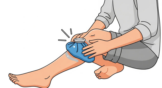 Person applying ice pack to injured knee for pain relief.