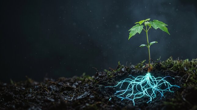 Small Green Sprout with Glowing Neon Root System