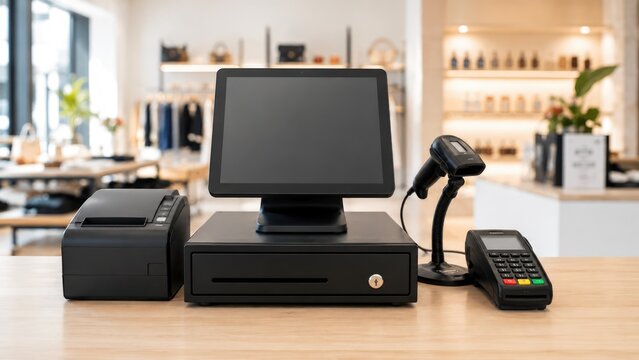 Modern Retail Point of Sale System with Barcode Scanner and Payment Terminal