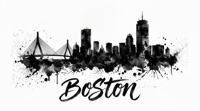 Boston skyline silhouette featuring the Prudential Tower and Zakim Bridge, detailed black and white ink wash artwork,beautiful hand-lettered typography below reading "BOSTON