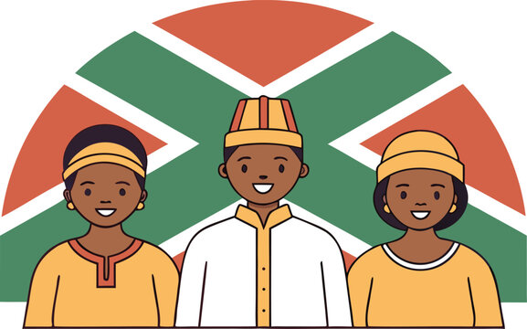 Flat of three smiling individuals behind kenya flag pattern