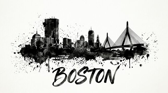 Boston skyline silhouette featuring the Prudential Tower and Zakim Bridge, detailed black and white ink wash artwork,beautiful hand-lettered typography below reading "BOSTON