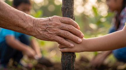 Close-up shot of elderly and child hands resting on a young tree trunk during a community planting activity in a sunlit outdoor garden. © 沈军 贡