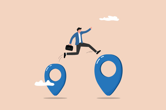 Business relocation, moving offices to a new address or location. Entrepreneurs jump from map navigation points to new relocation metaphors.
