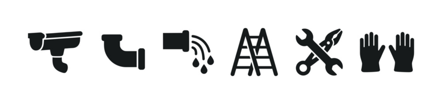 A collection of black flat icons depicting home maintenance and improvement tools including gutters pipes ladder wrench and gloves.