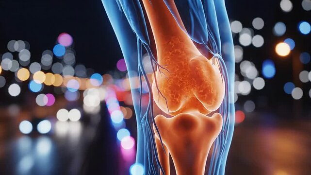 A glowing knee joint with bones and muscles is visible in a cityscape at night.