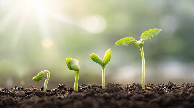 Close-up shot of four growing plant seedlings in dark fertile soil, bathed in warm sunlight with soft bokeh background, showing different growth stages.