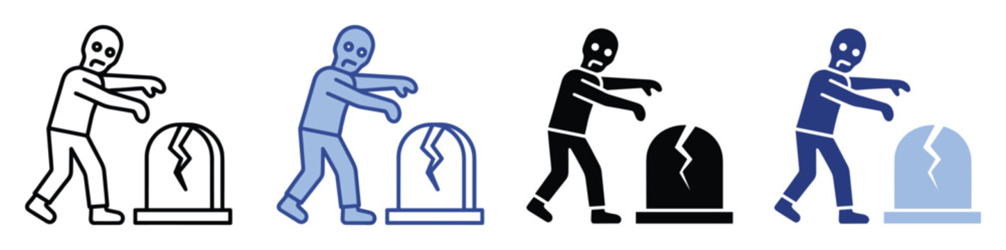 Creepy zombie walking past a cracked gravestone pictogram for scary holiday marketing