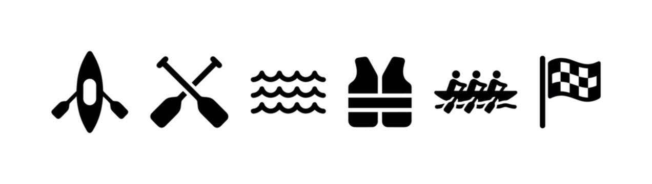 A set of black vector icons representing elements of kayaking and rowing, including a kayak, paddles, waves, life vests, a rowing boat with people, and a checkered flag on a white background.