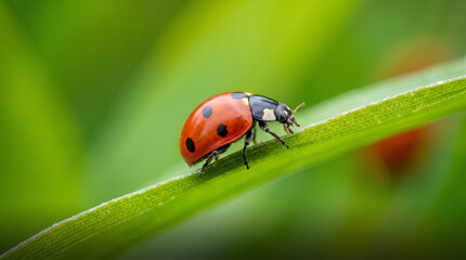A macro close-up of a seven-spot ladybug perched on a fine green grass blade, with soft blurred green background. © 沈军 贡