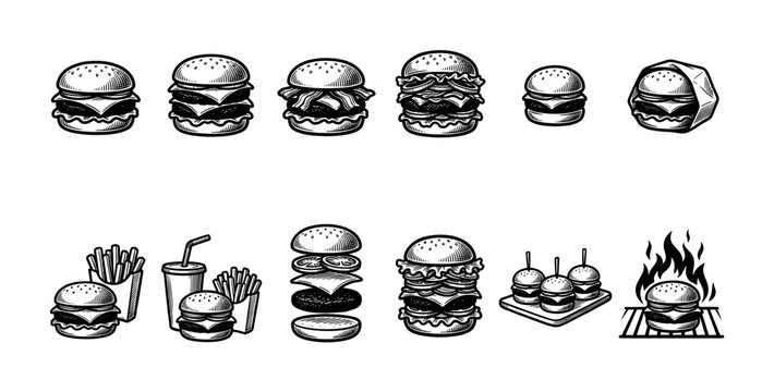 A collection of hand-drawn black and white hamburger icons and related food items, perfect for menus, branding, and culinary design.
