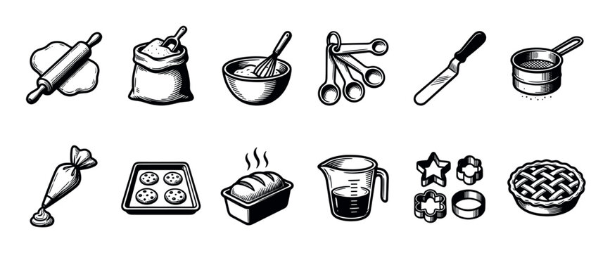 A collection of black and white hand-drawn style icons representing various baking tools and finished goods, perfect for food blogs and recipe sites.