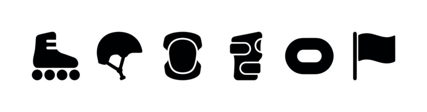 A set of black silhouette icons depicting roller skating equipment, including a skate, helmet, pads, and flag, on a white background.
