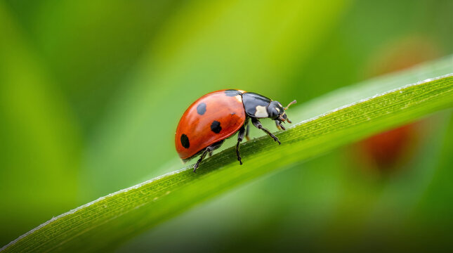 A macro close-up of a seven-spot ladybug perched on a fine green grass blade, with soft blurred green background.