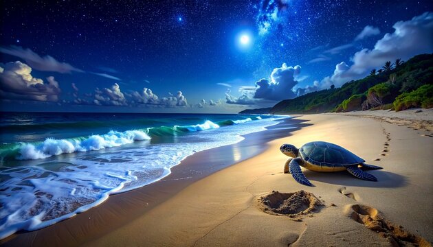 Sea turtle returning to ocean at night on tropical beach under starry sky