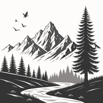 Black and white mountain landscape with pine trees and river