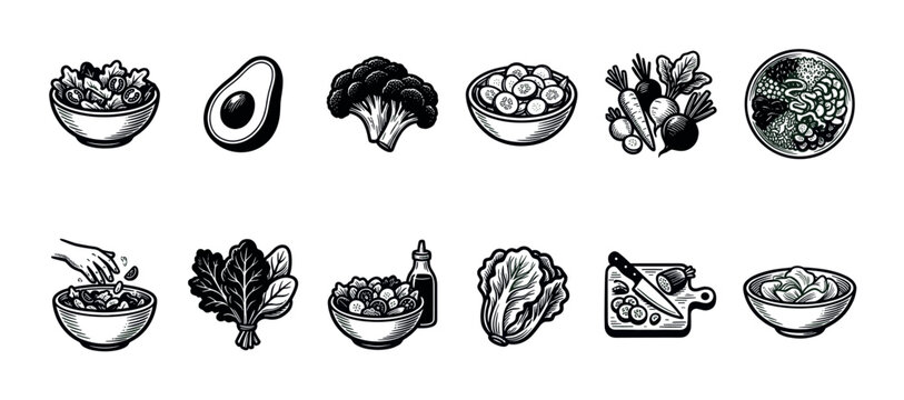 A collection of charming hand-drawn icons featuring fresh salad ingredients like lettuce, avocado, broccoli, tomatoes, and carrots, perfect for healthy eating themes.