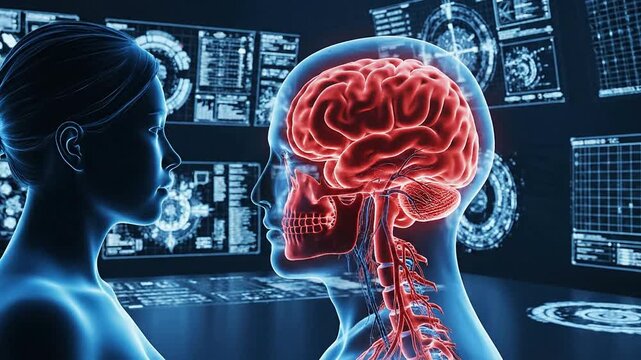 Two human figures interact with a futuristic brain scan interface displaying medical and technological data