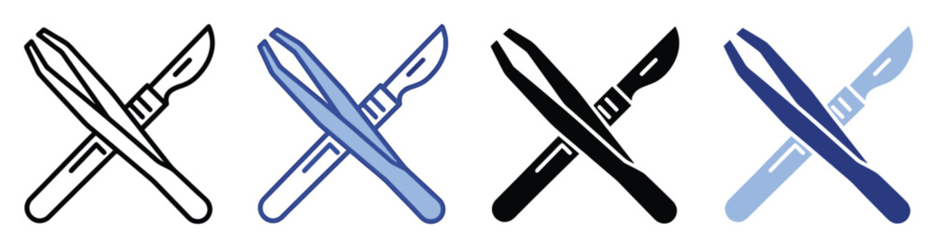 Professional healthcare icon set depicting crossed surgical scalpel and medical tweezers